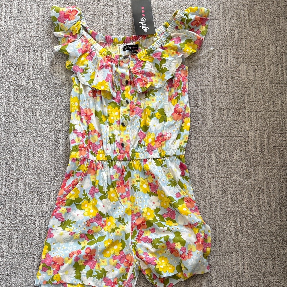 GIRLS Floral Ruffle Off-Shoulder Romper - Yellow, Pink, Green